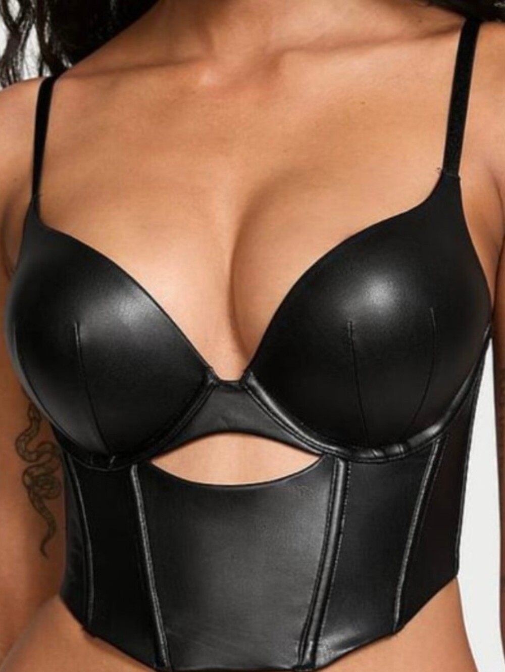 Bombshell Add-2-Cups Faux Leather Corset Top Black Longline Underwire Bustier